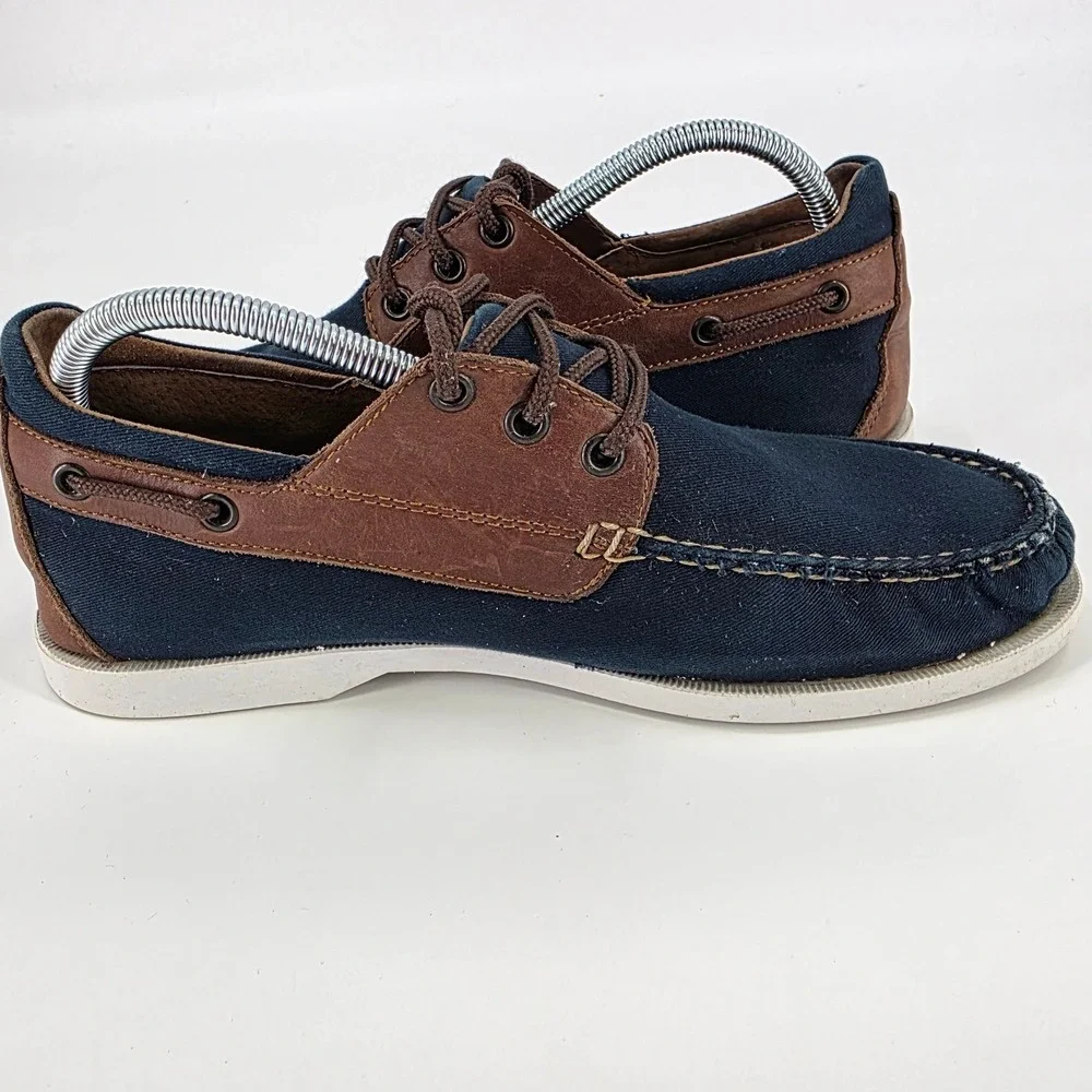HITCHCOCK WIDE BOAT SHOES MENS SIZE 7 3E NAVY BLUE BROWN LEATHER CANVAS LACE UP